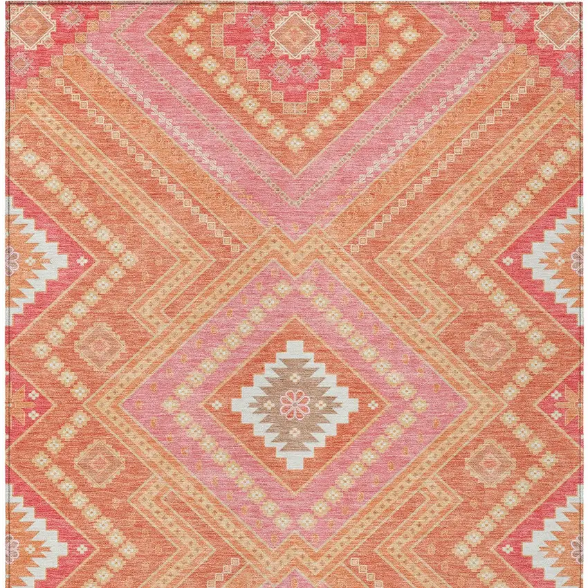 Coral Pink And Ivory Tribal Washable Indoor Outdoor Area Rug Photo 7
