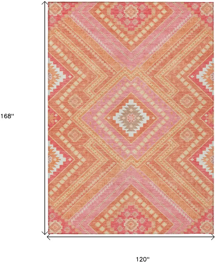 Coral Pink And Ivory Tribal Washable Indoor Outdoor Area Rug Photo 3