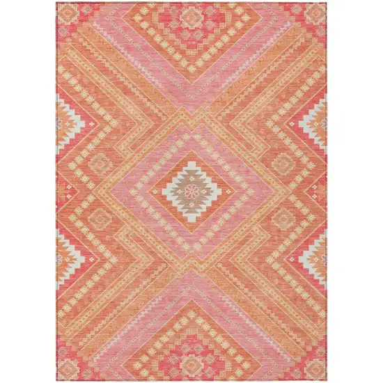 Coral Pink And Ivory Tribal Washable Indoor Outdoor Area Rug Photo 2