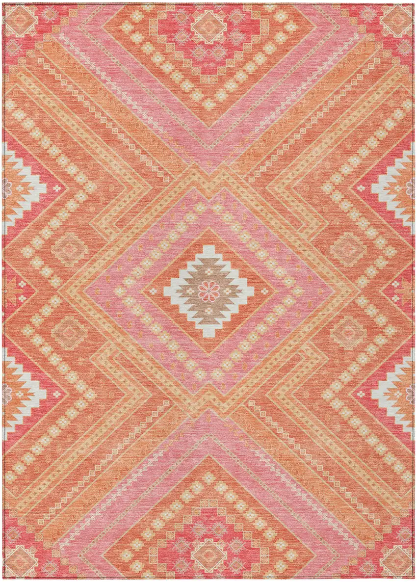 Coral Pink And Ivory Tribal Washable Indoor Outdoor Area Rug Photo 2