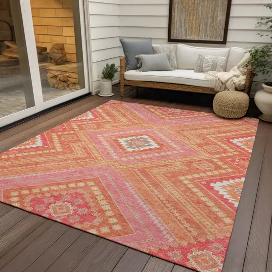 Coral Pink And Ivory Tribal Washable Indoor Outdoor Area Rug Photo 8