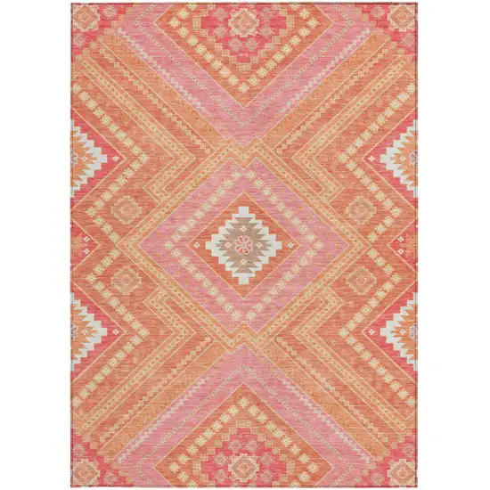 Coral Pink And Ivory Tribal Washable Indoor Outdoor Area Rug Photo 7