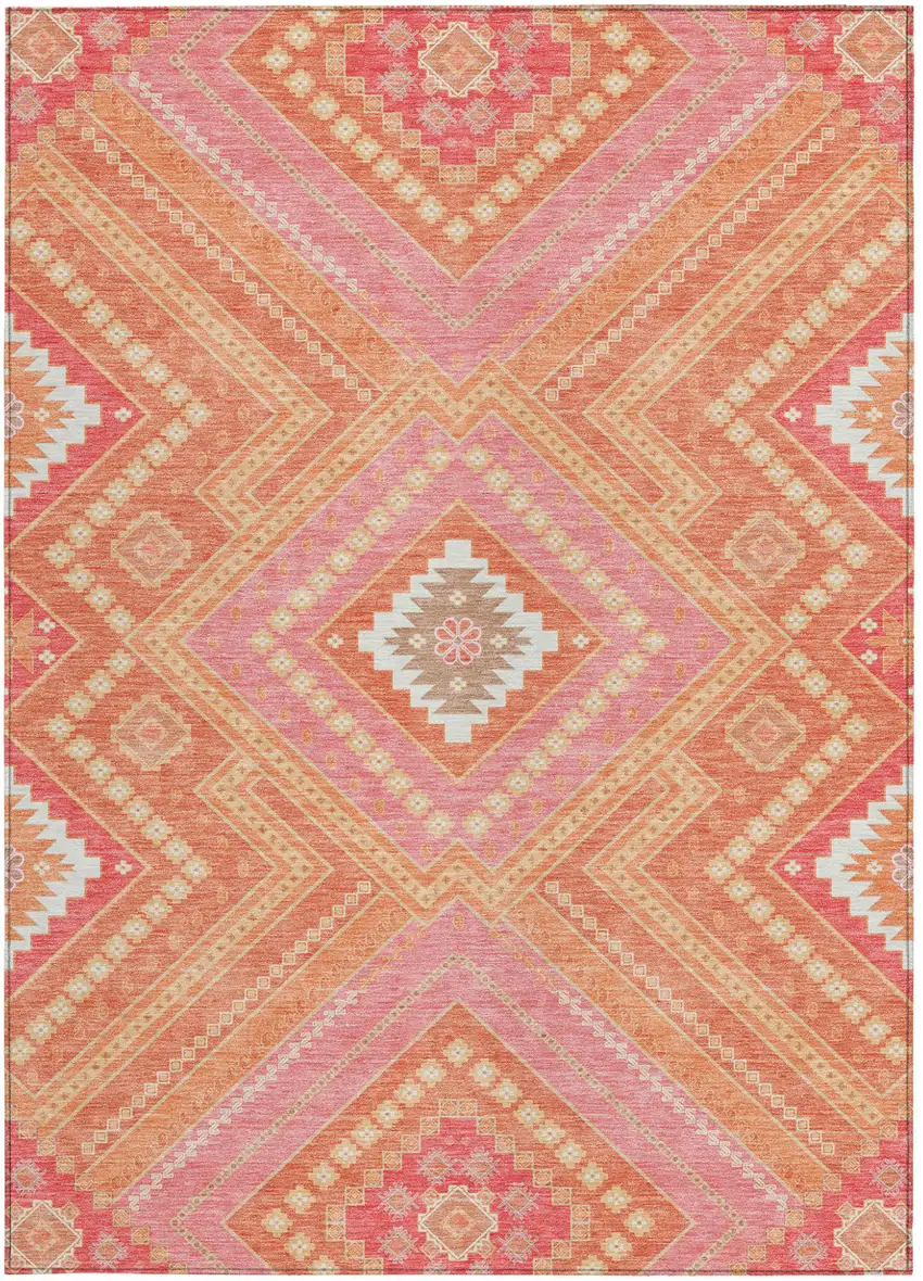 Coral Pink And Ivory Tribal Washable Indoor Outdoor Area Rug Photo 7