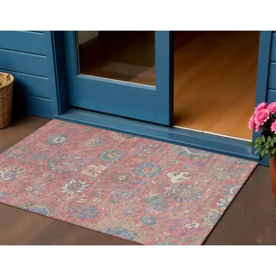 Coral Plum And Blue Floral Washable Indoor Outdoor Area Rug Photo 2