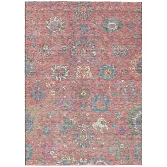 Coral Plum And Blue Floral Washable Indoor Outdoor Area Rug Photo 1