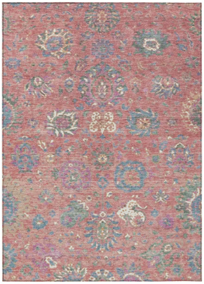 Coral Plum And Blue Floral Washable Indoor Outdoor Area Rug Photo 1