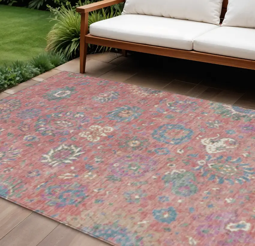 Coral Plum And Blue Floral Washable Indoor Outdoor Area Rug Photo 2