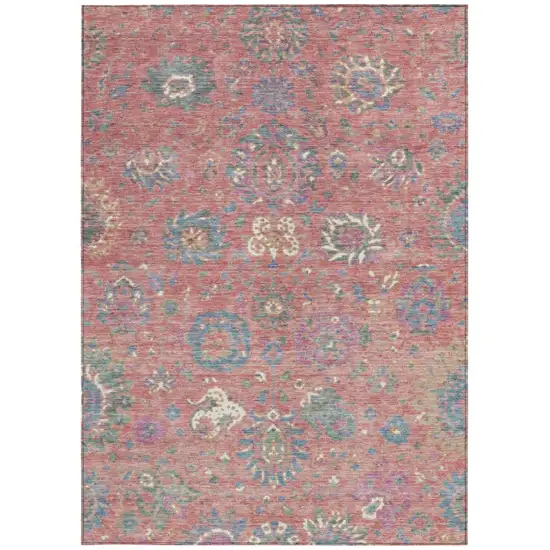 Coral Plum And Blue Floral Washable Indoor Outdoor Area Rug Photo 3