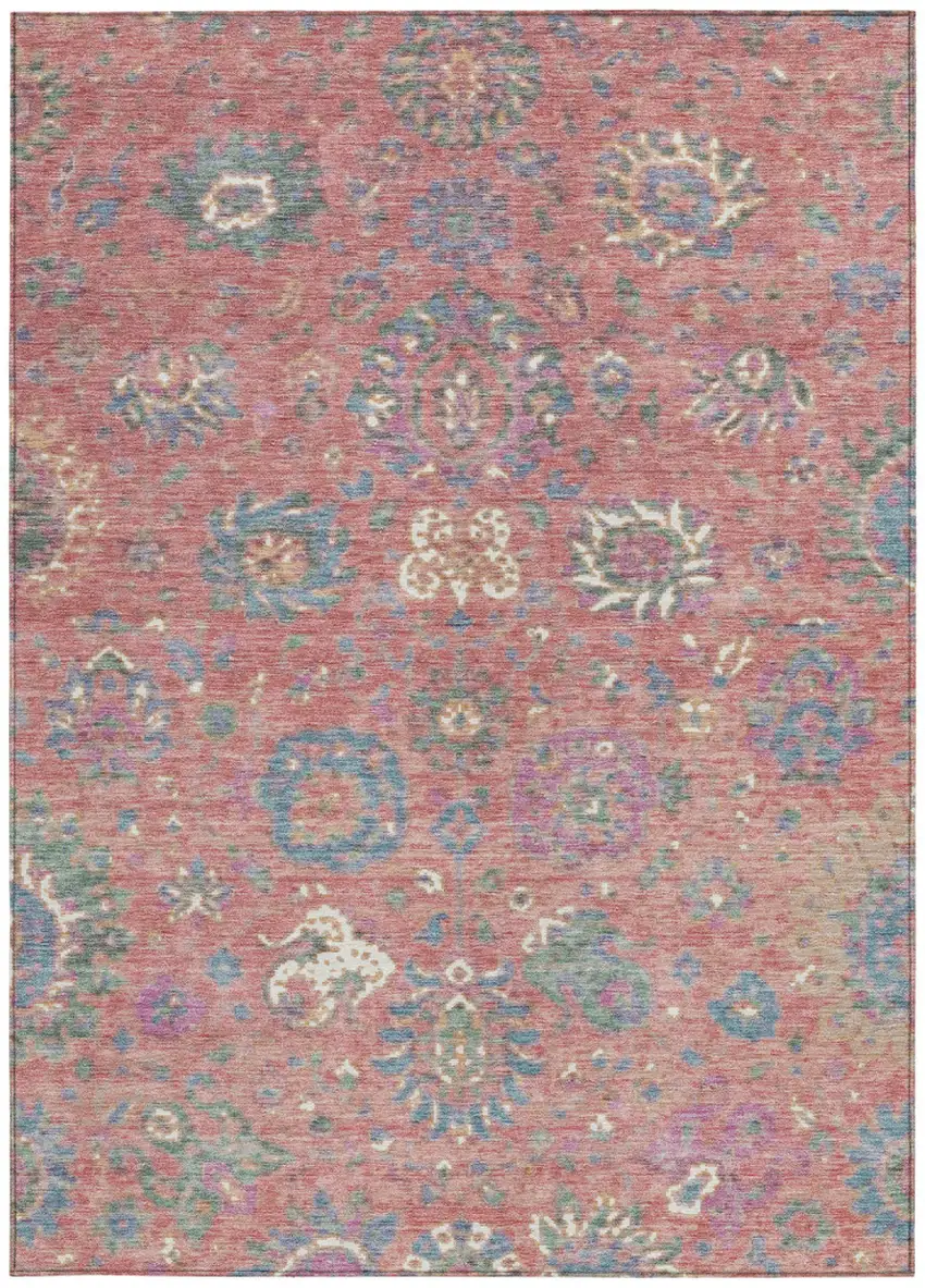 Coral Plum And Blue Floral Washable Indoor Outdoor Area Rug Photo 3