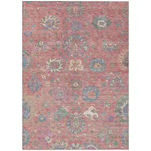 Photo of Coral Plum And Blue Floral Washable Indoor Outdoor Area Rug
