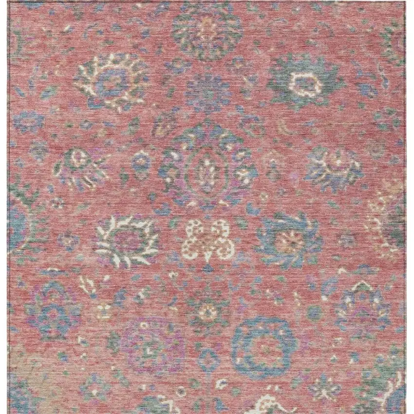 Coral Plum And Blue Floral Washable Indoor Outdoor Area Rug Photo 4