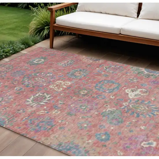 Coral Plum And Blue Floral Washable Indoor Outdoor Area Rug Photo 2