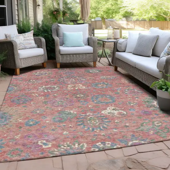 Coral Plum And Blue Floral Washable Indoor Outdoor Area Rug Photo 5