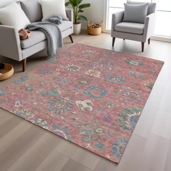 Coral Plum And Blue Floral Washable Indoor Outdoor Area Rug Photo 6