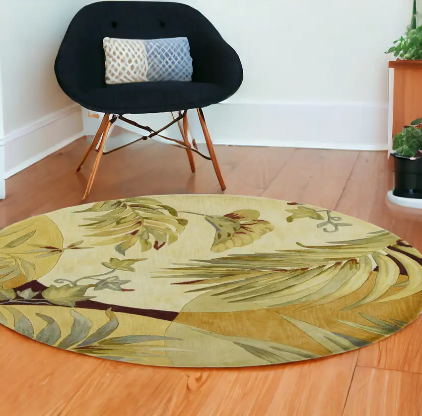 8' Coral Red Hand Tufted Tropical Leaves Round Indoor Area Rug Photo 1