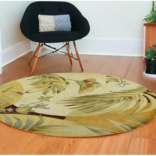 8' Coral Red Hand Tufted Tropical Leaves Round Indoor Area Rug Photo 1