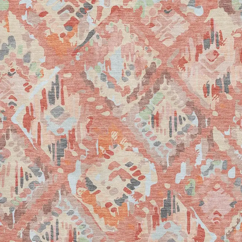 Coral Sky Blue And Mauve Geometric Washable Area Rug With UV Protection Photo 2
