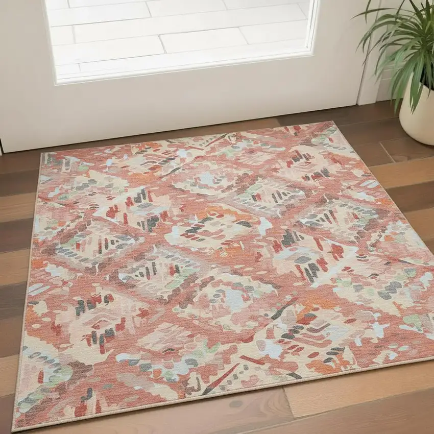 Coral Sky Blue And Mauve Geometric Washable Area Rug With UV Protection Photo 2