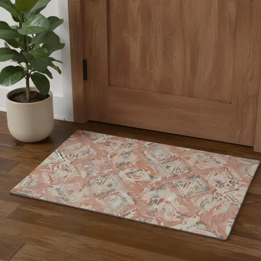 Coral Sky Blue And Mauve Geometric Washable Area Rug With UV Protection Photo 1