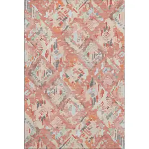 Photo of Coral Sky Blue And Mauve Geometric Washable Area Rug With UV Protection