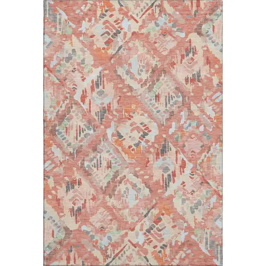 Coral Sky Blue And Mauve Geometric Washable Area Rug With UV Protection Photo 1