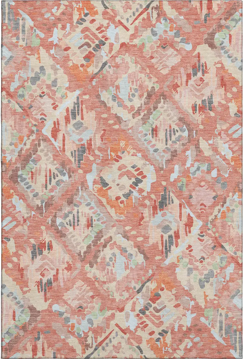 Coral Sky Blue And Mauve Geometric Washable Area Rug With UV Protection Photo 1