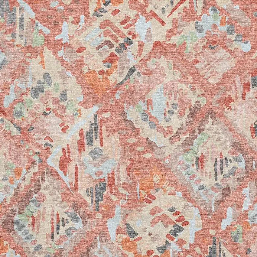 Coral Sky Blue And Mauve Geometric Washable Area Rug With UV Protection Photo 2