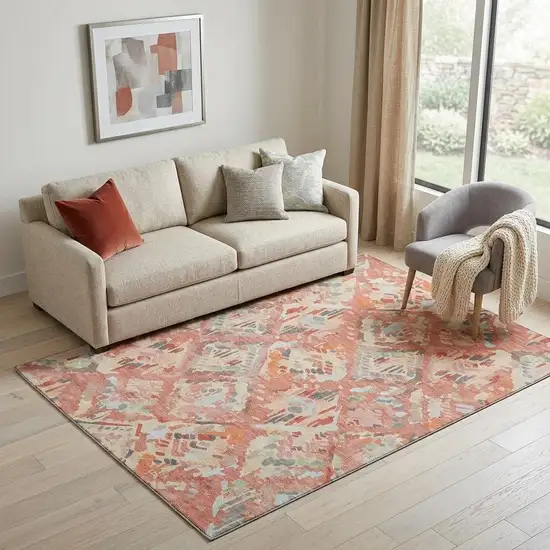 Coral Sky Blue And Mauve Geometric Washable Area Rug With UV Protection Photo 1