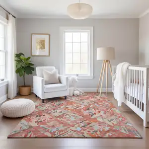 Photo of Coral Sky Blue And Mauve Geometric Washable Area Rug With UV Protection