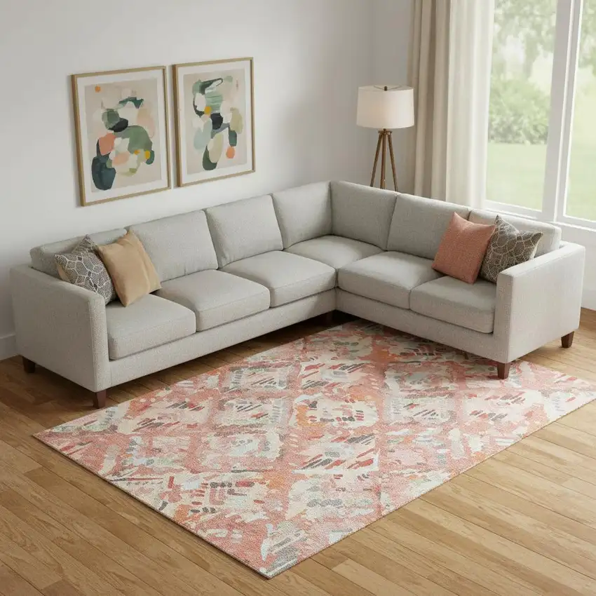 Coral Sky Blue And Mauve Geometric Washable Area Rug With UV Protection Photo 2