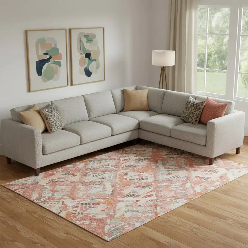 Coral Sky Blue And Mauve Geometric Washable Area Rug With UV Protection Photo 2