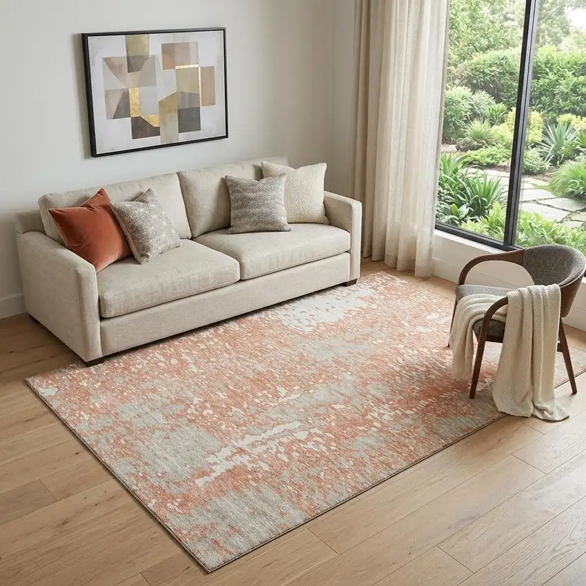 Coral Taupe And Ivory Abstract Washable Area Rug With UV Protection Photo 1