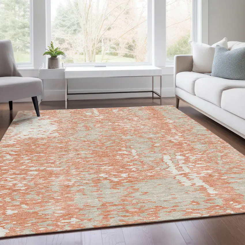 Coral Taupe And Ivory Abstract Washable Area Rug With UV Protection Photo 5