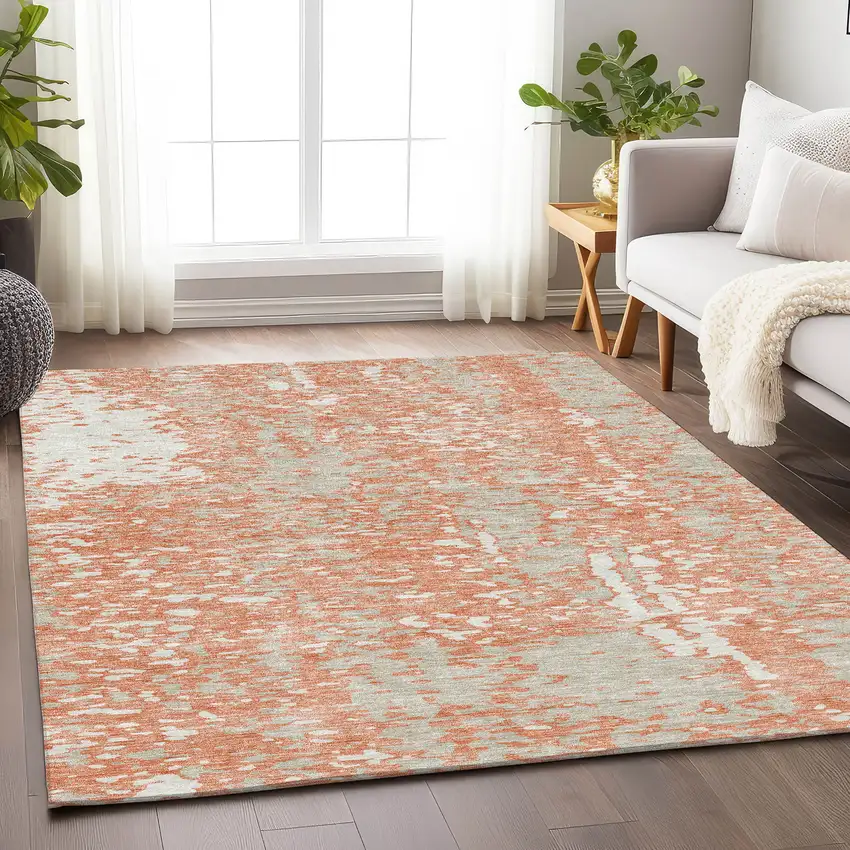 Coral Taupe And Ivory Abstract Washable Area Rug With UV Protection Photo 4