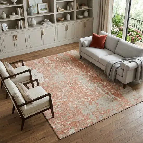 Coral Taupe And Ivory Abstract Washable Area Rug With UV Protection Photo 1
