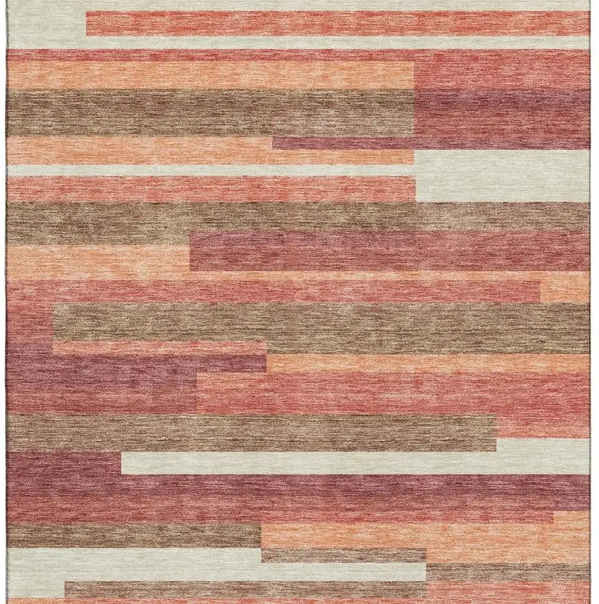 Coral Taupe And Orange Striped Washable Area Rug With UV Protection Photo 4