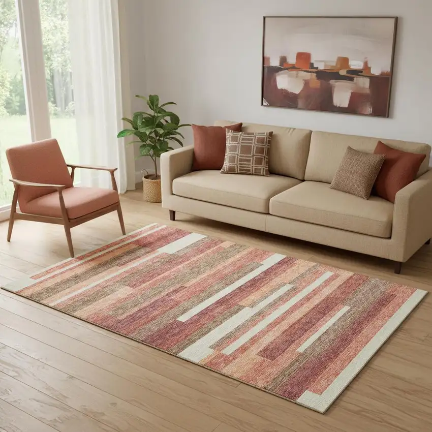 Coral Taupe And Orange Striped Washable Area Rug With UV Protection Photo 1