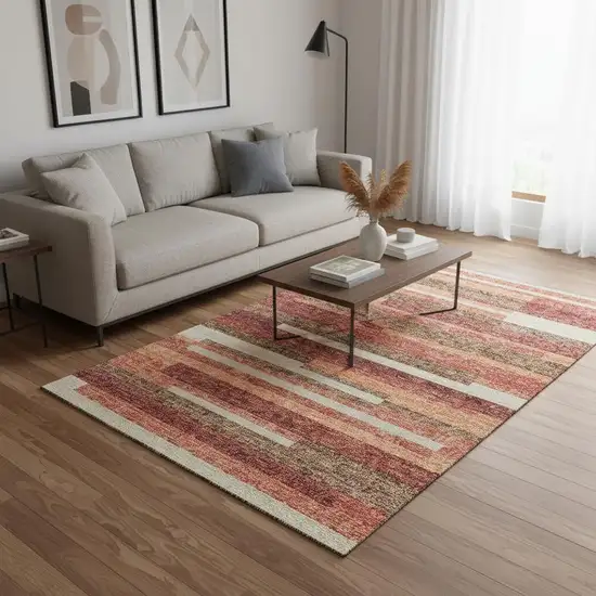 Coral Taupe And Orange Striped Washable Area Rug With UV Protection Photo 2