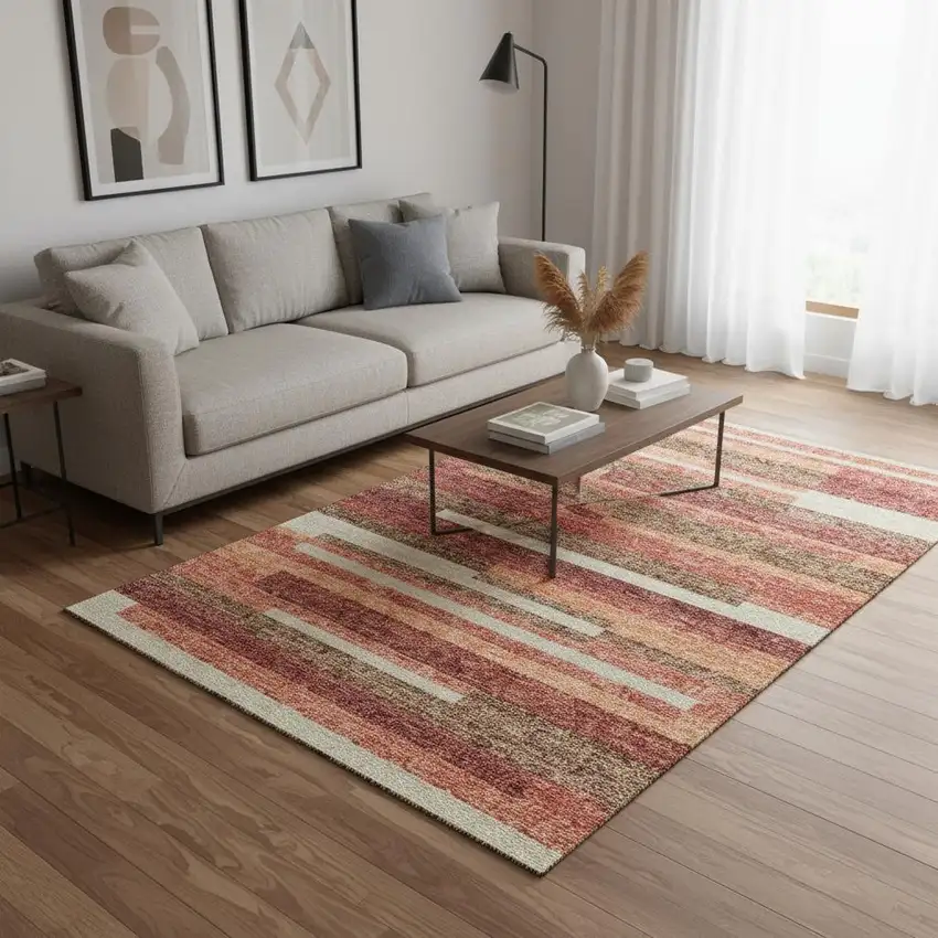 Coral Taupe And Orange Striped Washable Area Rug With UV Protection Photo 2