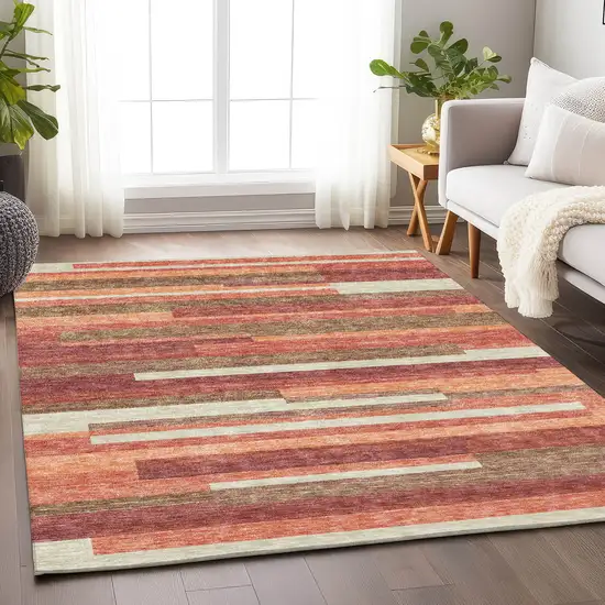 Coral Taupe And Orange Striped Washable Area Rug With UV Protection Photo 5
