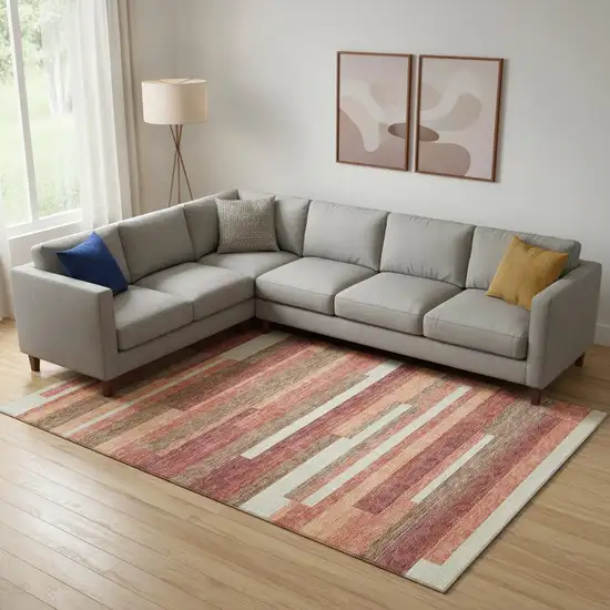 Coral Taupe And Orange Striped Washable Area Rug With UV Protection Photo 1