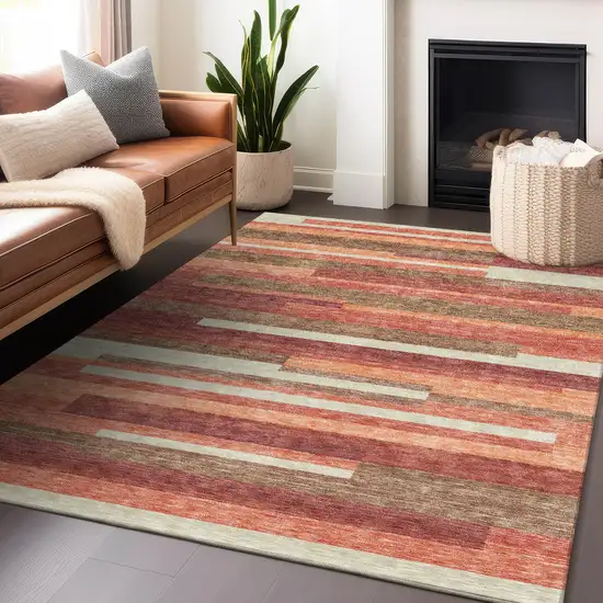 Coral Taupe And Orange Striped Washable Area Rug With UV Protection Photo 6