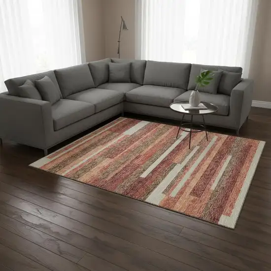 Coral Taupe And Orange Striped Washable Area Rug With UV Protection Photo 2