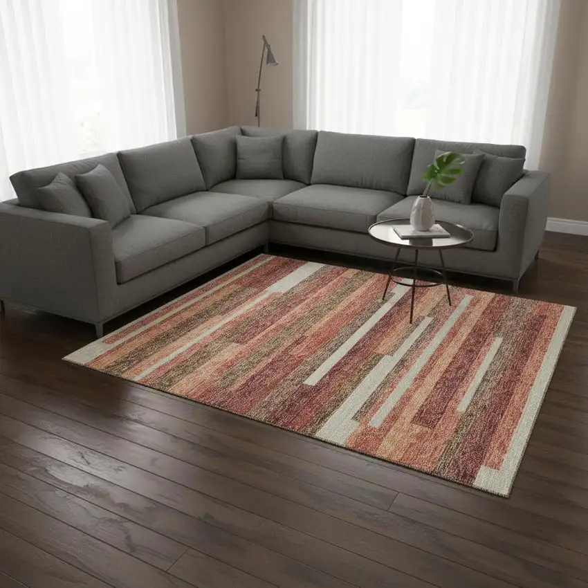 Coral Taupe And Orange Striped Washable Area Rug With UV Protection Photo 2