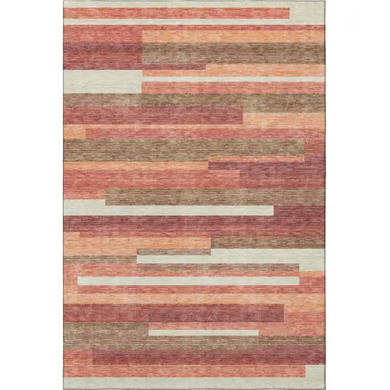 Coral Taupe And Orange Striped Washable Area Rug With UV Protection Photo 3