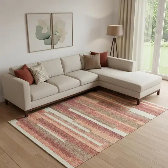 Coral Taupe And Orange Striped Washable Area Rug With UV Protection Photo 1