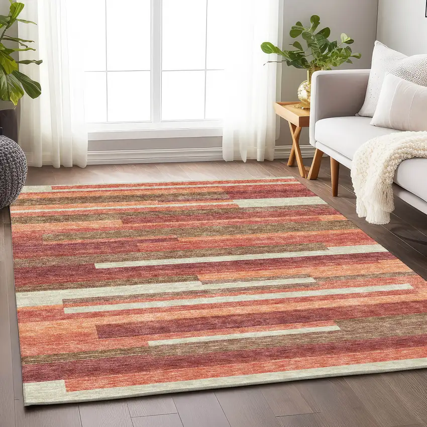 Coral Taupe And Orange Striped Washable Area Rug With UV Protection Photo 4