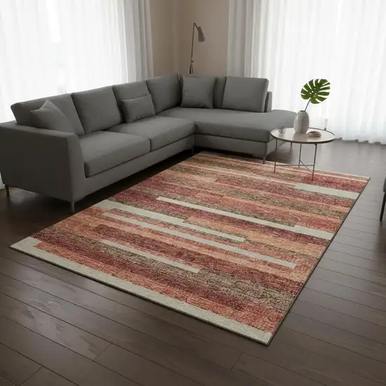 Coral Taupe And Orange Striped Washable Area Rug With UV Protection Photo 2
