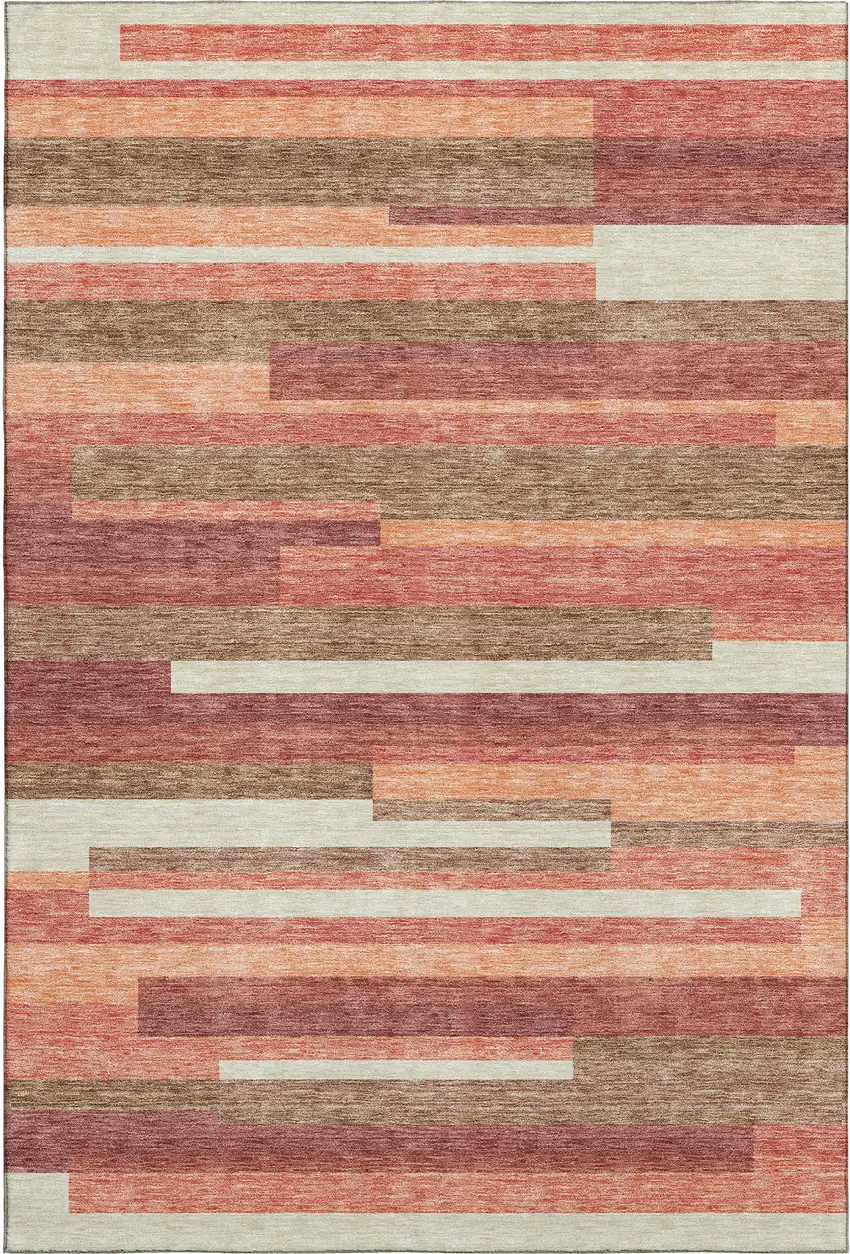 Coral Taupe And Orange Striped Washable Area Rug With UV Protection Photo 1