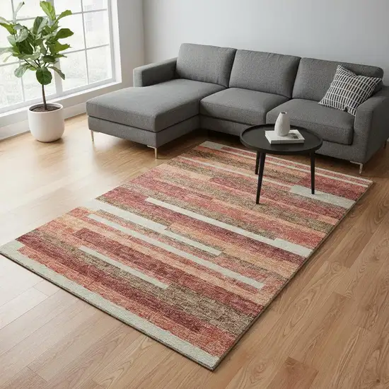 Coral Taupe And Orange Striped Washable Area Rug With UV Protection Photo 2